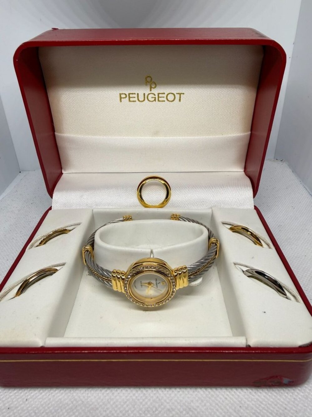 Peugeot Womens 2-Tone Cable Cuff Watch Crystal Bezel Interchangeable Set